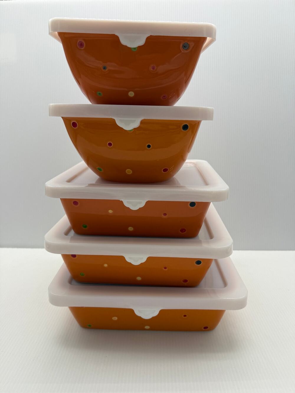 Set of 5 Temp-Tations Orange Polka Dot Casserole Baking Dishes w/ Lids